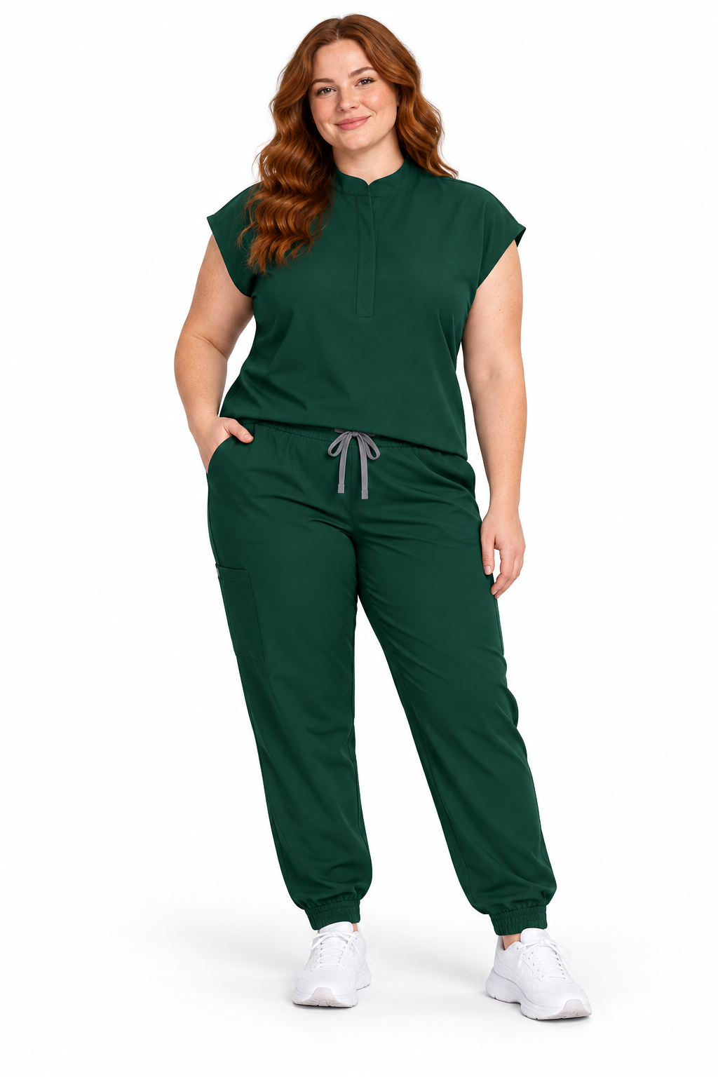 Model wearing EMZARIA FlexForm Women’s Scrub Set in dark green