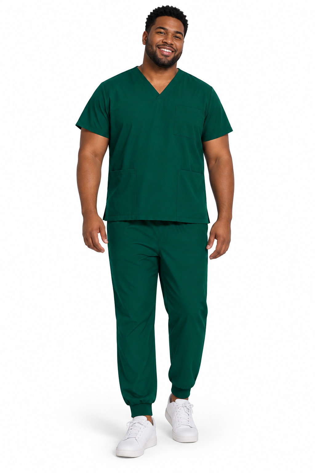 Model wearing EMZARIA Men’s Performance Scrub Set in dark green