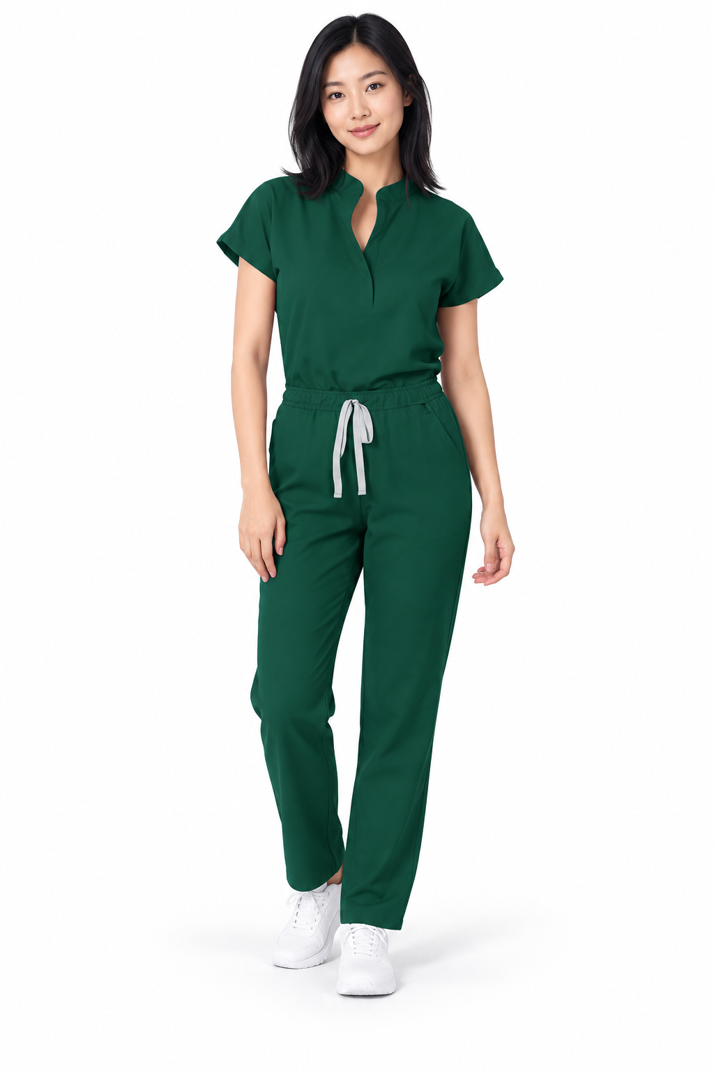 Model wearing EMZARIA AirEase Women’s Scrub Set in dark green