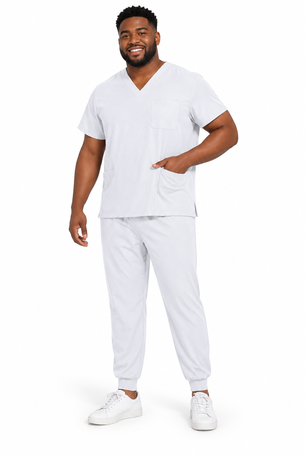 Model wearing EMZARIA Men’s Performance Scrub Set in white